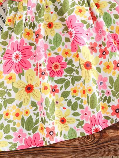 Emery Rose Kids فستان أنيق بطبعات زهرية مع ياقة مكسرة وأكمام منتفخة مناسب للفتيات، فستان زهري أنيق بياقة بيتر بان