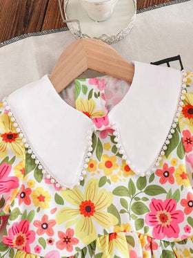 Emery Rose Kids فستان أنيق بطبعات زهرية مع ياقة مكسرة وأكمام منتفخة مناسب للفتيات، فستان زهري أنيق بياقة بيتر بان