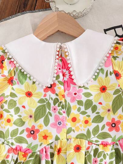 Emery Rose Kids فستان أنيق بطبعات زهرية مع ياقة مكسرة وأكمام منتفخة مناسب للفتيات، فستان زهري أنيق بياقة بيتر بان