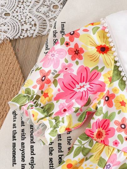 Emery Rose Kids فستان أنيق بطبعات زهرية مع ياقة مكسرة وأكمام منتفخة مناسب للفتيات، فستان زهري أنيق بياقة بيتر بان