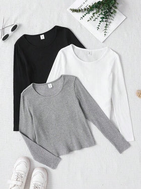 SHEIN 3 قطع/مجموعة لباس علوي رياضية طويلة الأكمام بياقة طاقم للفتيات المراهقات، بألوان سادة