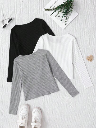 SHEIN 3 قطع/مجموعة لباس علوي رياضية طويلة الأكمام بياقة طاقم للفتيات المراهقات، بألوان سادة