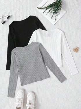 SHEIN 3 قطع/مجموعة لباس علوي رياضية طويلة الأكمام بياقة طاقم للفتيات المراهقات، بألوان سادة