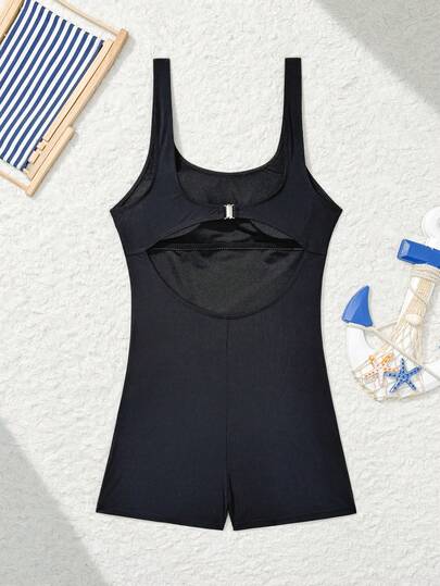 Swim SPRTY بدلة سباحة قطعة واحدة للنساء بياقة مستديرة وظهر مفتوح، بتصميم أسود مخطط، مناسبة للاستخدام اليومي والعطلات الصيفية