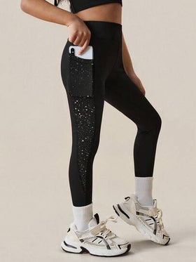 SHEIN سروال ضيق بطبعة سماء نجمية لفتيات صغيرات، بنطلون يوغا مرن عالي مع جيوب، جوارب كلاسيكية متعددة الاستخدامات للرياضات الخارجية والجري والدراجات والتنزه، باللونين الأسود والبنفسجي الفاتح