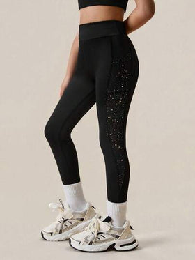 SHEIN سروال ضيق بطبعة سماء نجمية لفتيات صغيرات، بنطلون يوغا مرن عالي مع جيوب، جوارب كلاسيكية متعددة الاستخدامات للرياضات الخارجية والجري والدراجات والتنزه، باللونين الأسود والبنفسجي الفاتح