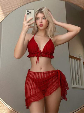 Swim Mod مجموعة بيكيني نسائية مكونة من 3 قطع، بتصميم حلقة خلفية مفتوحة وتنورة غطاء، بأسلوب عطلة الشاطئ