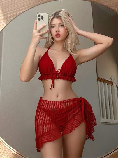 Swim Mod مجموعة بيكيني نسائية مكونة من 3 قطع، بتصميم حلقة خلفية مفتوحة وتنورة غطاء، بأسلوب عطلة الشاطئ