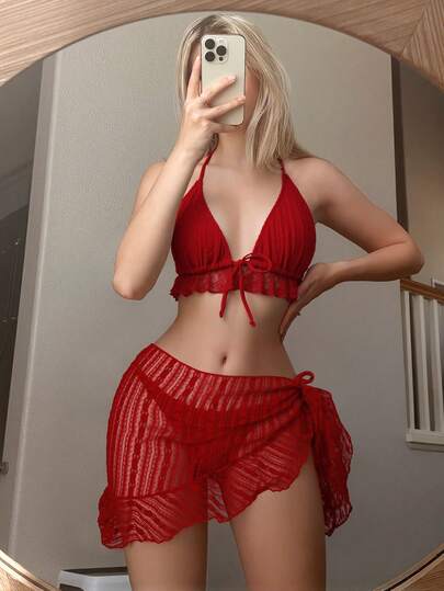 Swim Mod مجموعة بيكيني نسائية مكونة من 3 قطع، بتصميم حلقة خلفية مفتوحة وتنورة غطاء، بأسلوب عطلة الشاطئ