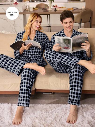 CoupledUp بيجامة رجالية مكونة من كارديجان بأكمام طويلة وبنطلون مطبوعة بنقشة المربعات المجعدة