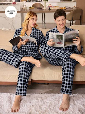 CoupledUp بيجامة رجالية مكونة من كارديجان بأكمام طويلة وبنطلون مطبوعة بنقشة المربعات المجعدة