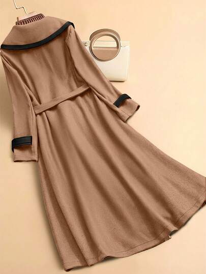 Ellevyn معطف صوفي مزدوج الصدر بتشطيب متباين للاستخدام اليومي المريح المقاس الكبير، خريف/شتاء