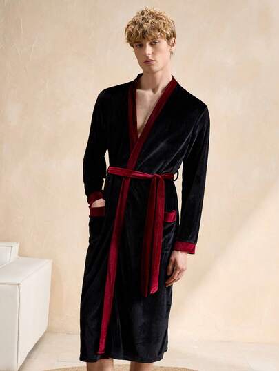 SHEIN رداء حمام طويل مريح بأكمام طويلة وحزام خصر بتصميم ملائم للرجال