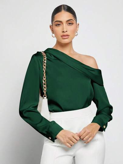 BizChic بلوزة ساتان طويلة الأكمام مع تصميم غير متماثل، مطوية ومكدسة على الكتف، فضفاضة، أساسية ومبسطة، أنيقة وعصرية، مناسبة للمعلمات والارتداء المكتبي، للخريف