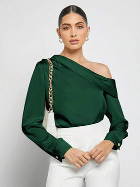 BizChic بلوزة ساتان طويلة الأكمام مع تصميم غير متماثل، مطوية ومكدسة على الكتف، فضفاضة، أساسية ومبسطة، أنيقة وعصرية، مناسبة للمعلمات والارتداء المكتبي، للخريف