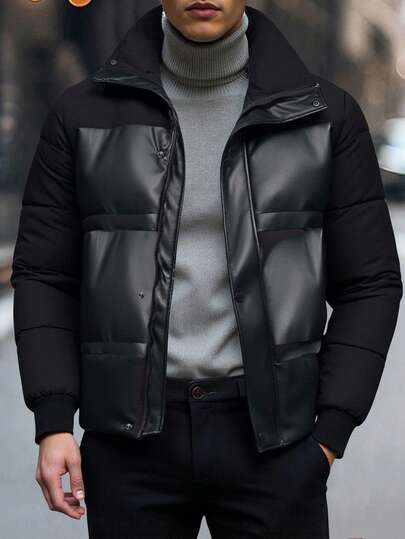 Manfinity Homme معطف كاجوال طويل الأكمام مبطن مع سحاب أمامي، ملابس خارجية شتوية، مناسب كهدية لأصدقاء وأزواج وأصدقاء الذكور، جاكيت بطانة سوداء، جاكيت شتوية للرجال، جاكيت جلد سوداء للرجال، جاكيت خارجية، جاكيت بطانة مع جلد، خريف