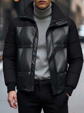 Manfinity Homme معطف كاجوال طويل الأكمام مبطن مع سحاب أمامي، ملابس خارجية شتوية، مناسب كهدية لأصدقاء وأزواج وأصدقاء الذكور، جاكيت بطانة سوداء، جاكيت شتوية للرجال، جاكيت جلد سوداء للرجال، جاكيت خارجية، جاكيت بطانة مع جلد، خريف