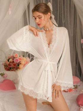 DelicateAllure ثوب نوم نسائي بأكمام واسعة مزين بالدانتيل والشبك الجذاب لعيد الحب