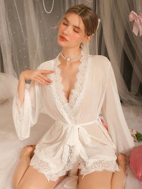 DelicateAllure ثوب نوم نسائي بأكمام واسعة مزين بالدانتيل والشبك الجذاب لعيد الحب