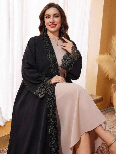 Al Najma رمضان عباءة نسائية أنيقة من الدانتيل والرقعة بمقاسات كبيرة