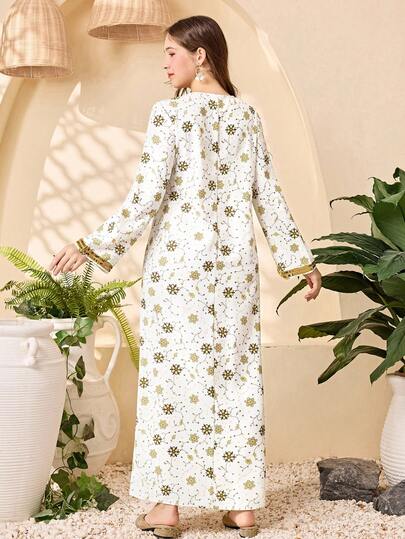 SHEIN فستان كاجوال فضفاض مطبوع بنقشة زهرية مع شريط ذهبي للفتيات المراهقات