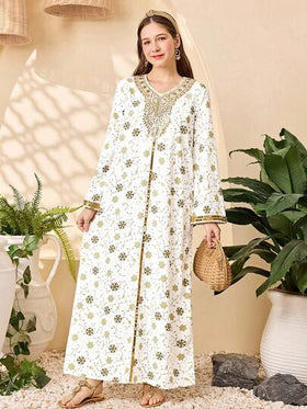 SHEIN فستان كاجوال فضفاض مطبوع بنقشة زهرية مع شريط ذهبي للفتيات المراهقات