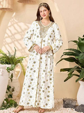 SHEIN فستان كاجوال فضفاض مطبوع بنقشة زهرية مع شريط ذهبي للفتيات المراهقات