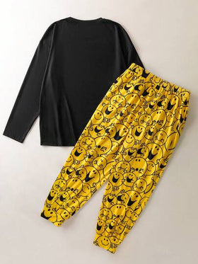 Mr Men Little Miss X SHEIN طقم بيجامة رجالي مريح من قميص بأكمام طويلة وبنطال بنمط كرتوني، للخريف