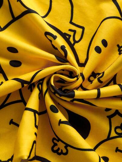 Mr Men Little Miss X SHEIN طقم بيجامة رجالي مريح من قميص بأكمام طويلة وبنطال بنمط كرتوني، للخريف