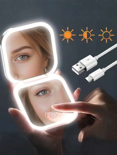 مرآة مكياج محمولة صغيرة بإضاءة LED 400 مللي أمبير، مصباح LED قابل للشحن عبر USB للمكتب، مرآة تجميل قابلة للطي للسفر، مناسبة للمنضدة أو السكن الجامعي، 3 أوضاع إضاءة - أبيض، طبيعي، دافئ، قابلة للتعديل، مرآة تجميل محمولة قابلة للطي، هدية مثالية للنساء
