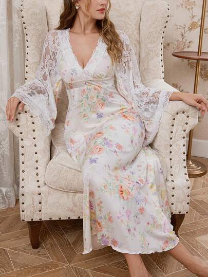FloralLove ثوب نوم طويل الأكمام مزين بالدانتيل والطباعة الزهرية الأنيقة، فستان طويل الأكمام ماكسي بطبعات زهرية رومانسية فرنسية، فستان ماكسي طويل الأكمام مزين بالزهور ساحر للخريف/الشتاء، ثوب نوم نسائي رومانسي ساحر