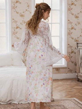 FloralLove ثوب نوم طويل الأكمام مزين بالدانتيل والطباعة الزهرية الأنيقة، فستان طويل الأكمام ماكسي بطبعات زهرية رومانسية فرنسية، فستان ماكسي طويل الأكمام مزين بالزهور ساحر للخريف/الشتاء، ثوب نوم نسائي رومانسي ساحر
