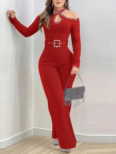 ChicMe جمبسوت طويلة للنساء مع فتحة الكتف البارد وأكمام طويلة وتصميم ظهر مزود بسحاب وبنطال طويل مزود بحزام، مزينة بالراين كروس قطع خارجي، مناسبة للحفلات والمناسبات الخاصة