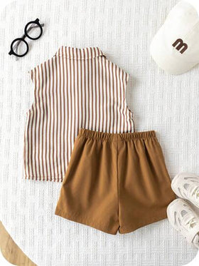 SHEIN مجموعة ملابس طفل صبي صغير تتكون من قميص بدون أكمام ذو خطوط ملونة وشورت، ملابس صيفية/ربيعية للأطفال الصغار، قطعتان
