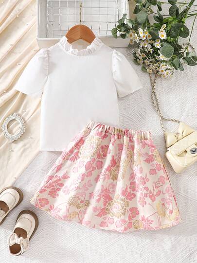 Sparklyn رمضان مجموعة ملابس علوية بأكمام قصيرة مزين بياقة مكشكشة وتنورة من قماش جاكار، مناسبة للارتداء اليومي، السفر والحفلات، 2 قطعة