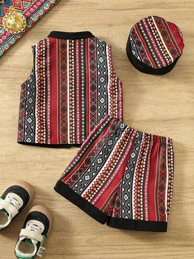 SHEIN مجموعة من 3 قطع للأطفال الصغار: جاكيت ملونة بطبعة زهرية عتيقة، شورت وقبعة، مناسبة للربيع والصيف، جميلة للارتداء اليومي والمناسبات