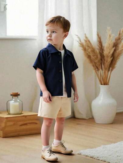 SHEIN Vintaside Kids مجموعة قميص كم قصير وشورت للأطفال الصغار، مناسبة للارتداء اليومي والعودة إلى المدرسة في فصل الخريف/الشتاء، قطعتان