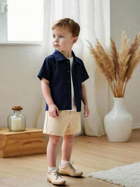 SHEIN Vintaside Kids مجموعة قميص كم قصير وشورت للأطفال الصغار، مناسبة للارتداء اليومي والعودة إلى المدرسة في فصل الخريف/الشتاء، قطعتان
