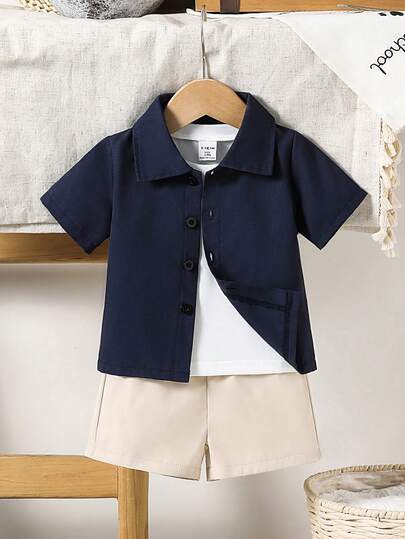 SHEIN Vintaside Kids مجموعة قميص كم قصير وشورت للأطفال الصغار، مناسبة للارتداء اليومي والعودة إلى المدرسة في فصل الخريف/الشتاء، قطعتان