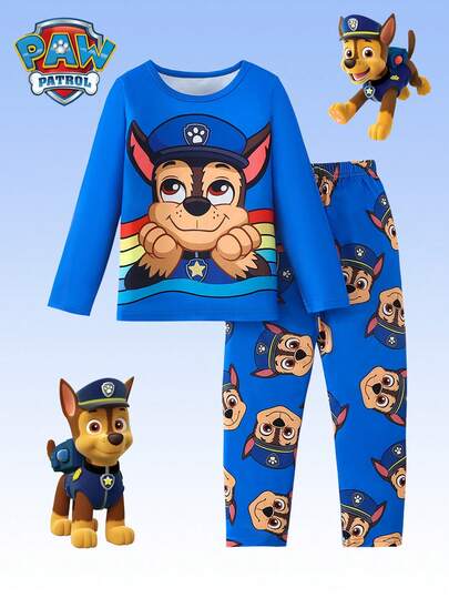 Paw Patrol طقم بنطلون وتي شيرت بطبعة كلب كرتوني لأطفال، بنطلون وتي شيرت كم طويل أزرق، ملابس منزلية مناسبة للاستخدام اليومي، هدية عيد الميلاد، مناسب للخريف والشتاء، قطعتان