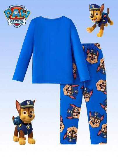 Paw Patrol طقم بنطلون وتي شيرت بطبعة كلب كرتوني لأطفال، بنطلون وتي شيرت كم طويل أزرق، ملابس منزلية مناسبة للاستخدام اليومي، هدية عيد الميلاد، مناسب للخريف والشتاء، قطعتان