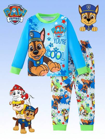 Paw Patrol مجموعة بيجامة أولاد باترول الكلاب 2 قطعة، طباعة كرتونية لكلب لطيف باللون الأزرق والأخضر، تي شيرت بياقة طاقم وأكمام طويلة وبنطال بحبل شد، ملابس نوم كاجوال للأولاد، مناسبة للارتداء اليومي وكهدية عيد الميلاد