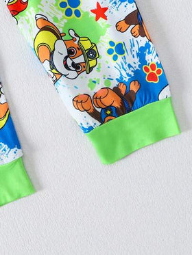 Paw Patrol مجموعة بيجامة أولاد باترول الكلاب 2 قطعة، طباعة كرتونية لكلب لطيف باللون الأزرق والأخضر، تي شيرت بياقة طاقم وأكمام طويلة وبنطال بحبل شد، ملابس نوم كاجوال للأولاد، مناسبة للارتداء اليومي وكهدية عيد الميلاد