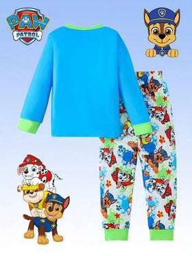 Paw Patrol مجموعة بيجامة أولاد باترول الكلاب 2 قطعة، طباعة كرتونية لكلب لطيف باللون الأزرق والأخضر، تي شيرت بياقة طاقم وأكمام طويلة وبنطال بحبل شد، ملابس نوم كاجوال للأولاد، مناسبة للارتداء اليومي وكهدية عيد الميلاد