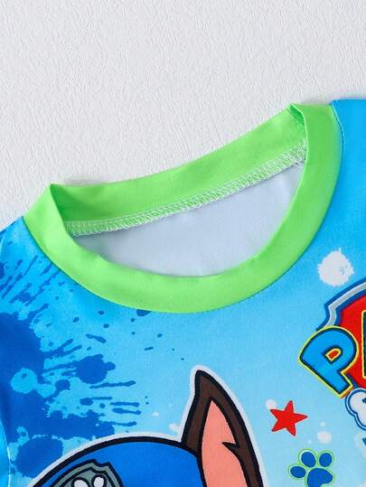 Paw Patrol مجموعة بيجامة أولاد باترول الكلاب 2 قطعة، طباعة كرتونية لكلب لطيف باللون الأزرق والأخضر، تي شيرت بياقة طاقم وأكمام طويلة وبنطال بحبل شد، ملابس نوم كاجوال للأولاد، مناسبة للارتداء اليومي وكهدية عيد الميلاد