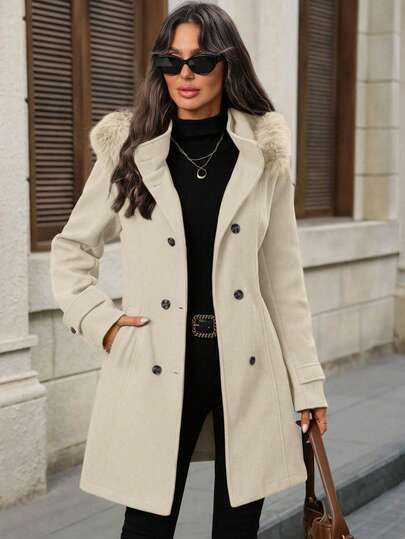 EMERY ROSE معطف نسائي أنيق بياقة مزدوجة وقبعة مع جيوب، لون أحادي، متعدد الاستخدامات