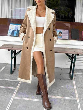 SHEIN EZwear معطف نسائي مزخرف بنمط المربعات البني مع طوق منقلب وأزرار مزدوجة، مناسب للخريف والشتاء