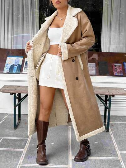 SHEIN EZwear معطف نسائي مزخرف بنمط المربعات البني مع طوق منقلب وأزرار مزدوجة، مناسب للخريف والشتاء