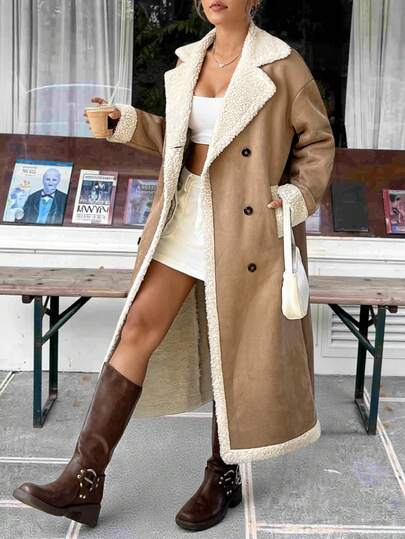 SHEIN EZwear معطف نسائي مزخرف بنمط المربعات البني مع طوق منقلب وأزرار مزدوجة، مناسب للخريف والشتاء