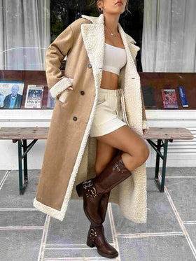 SHEIN EZwear معطف نسائي مزخرف بنمط المربعات البني مع طوق منقلب وأزرار مزدوجة، مناسب للخريف والشتاء